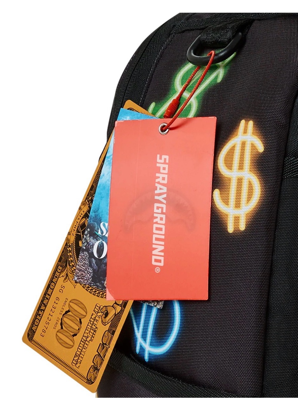 Sprayground Black Backpack with Neon Green, Gold & Blue Dollar Graphics